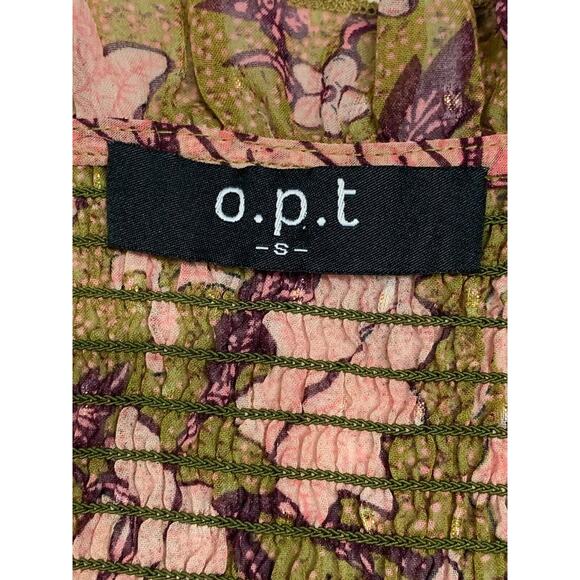 o.p.t One Pretty Time Smocked Tie Peasant Blouse Floral Metallic Threads size XS - Picture 9 of 15